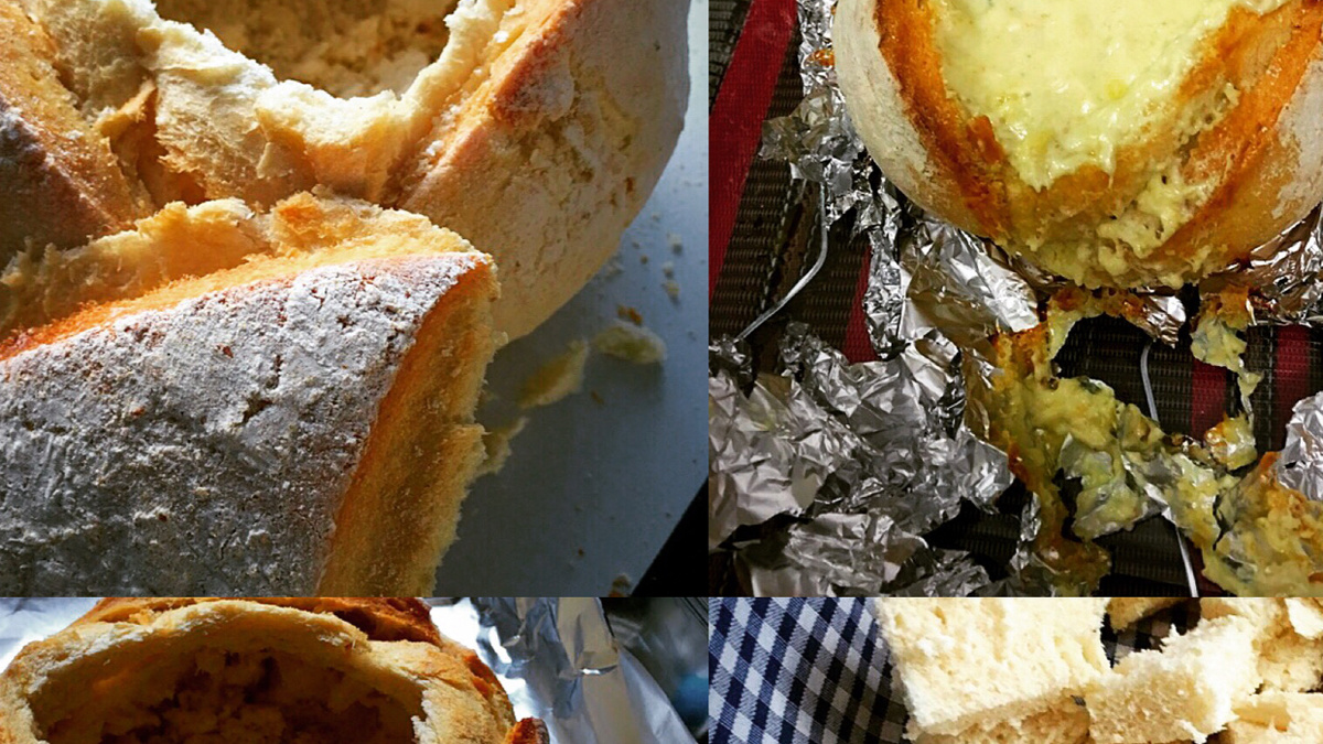 Fondue de queijo no pão italiano