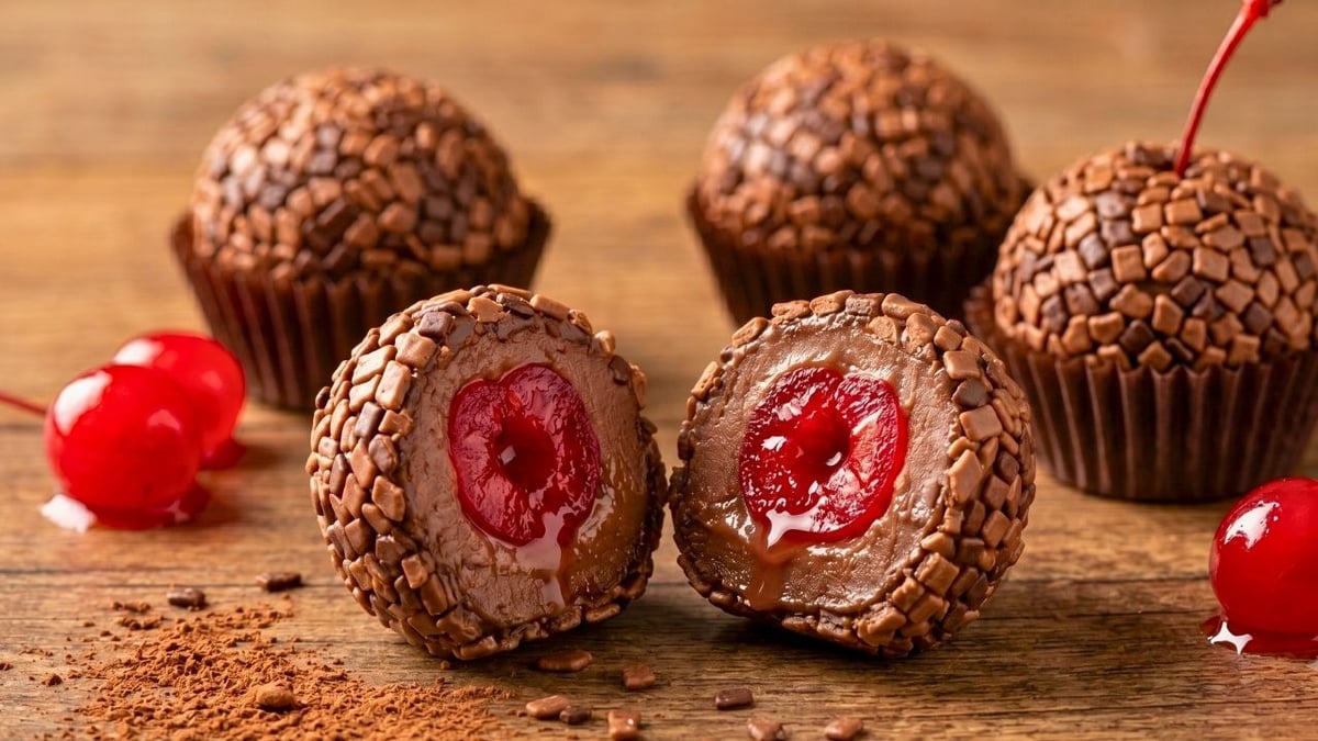 Brigadeiro de chocolate recheado com cereja irresistível na primeira mordida