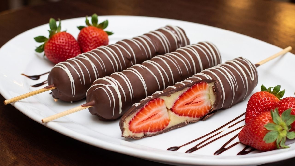 Espeto de morango trufado com brigadeiro de leite em pó e casquinha de chocolate