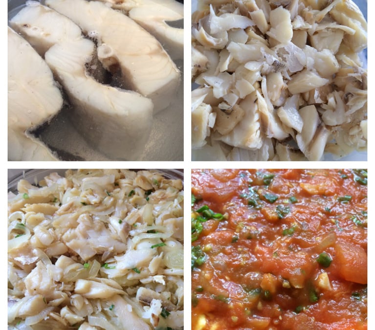 Bacalhau com batatas e molho de tomates