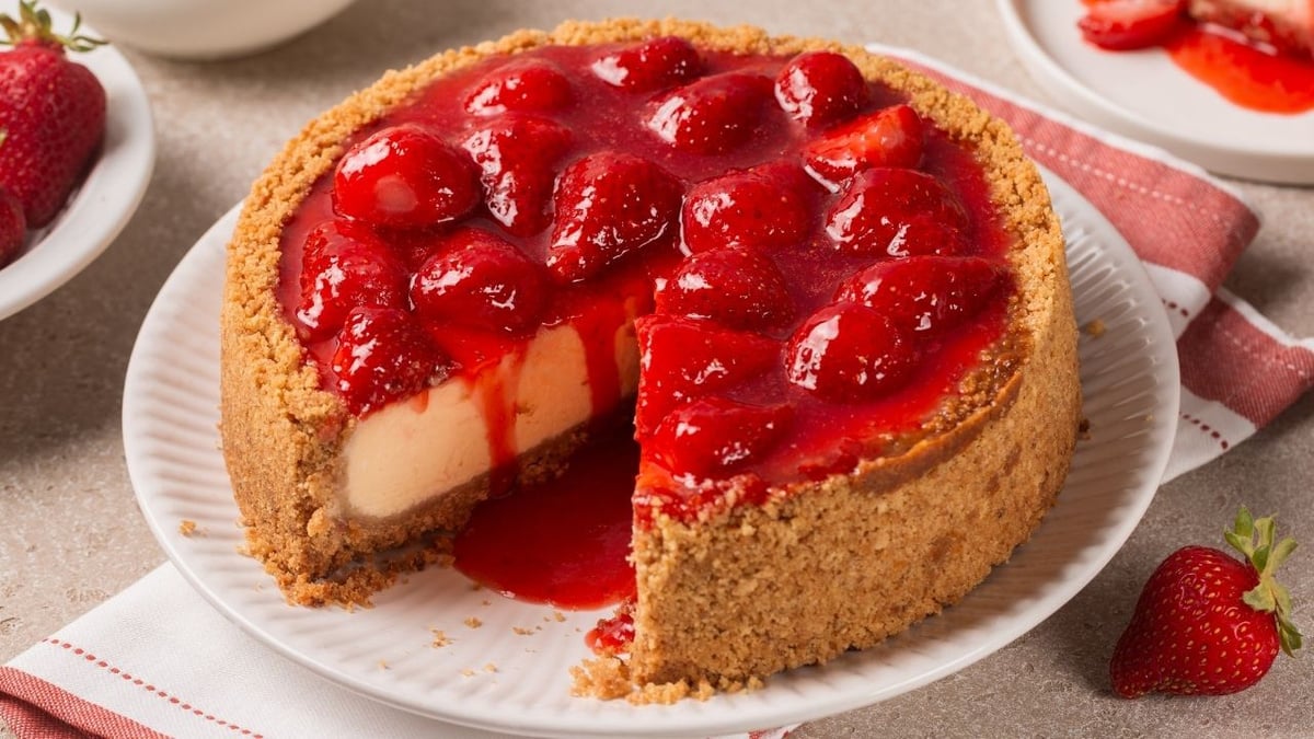 Cheesecake com molho de morangos