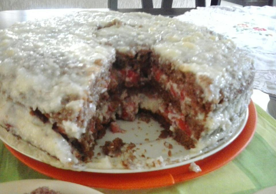 Bolo de chocolate com morango e coco - da Bia