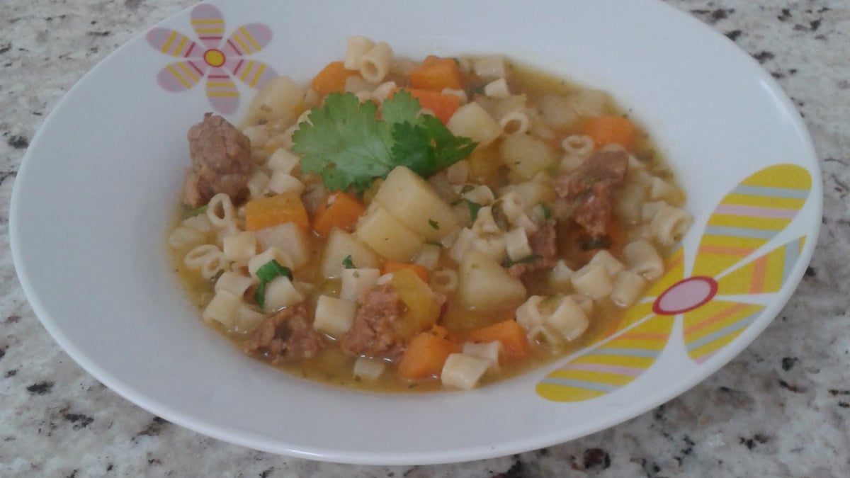 Sopa de macarrão, legumes e carne
