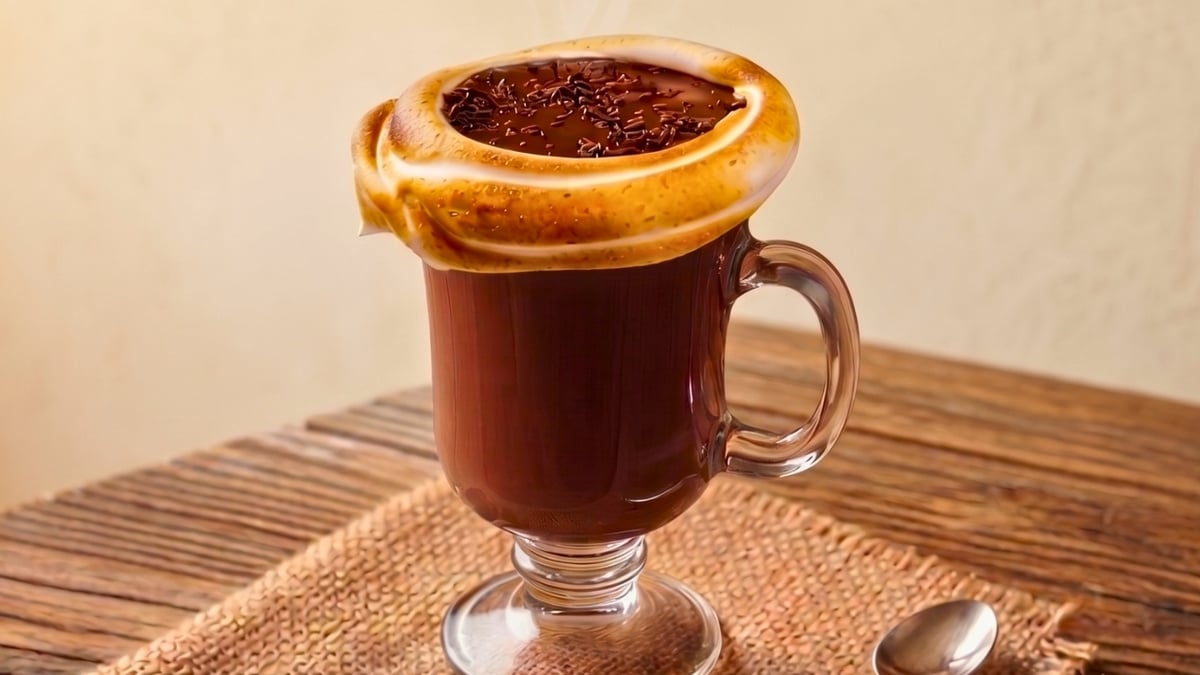 Chocolate quente com marshmallow caseiro tostado na borda igual de cafeteria