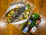 Peixe assado com palmito e banana da terra