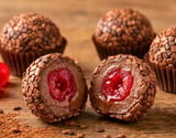Brigadeiro de chocolate recheado com cereja irresistível na primeira mordida