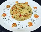 Risoto de camarão flambado com alho-poró e champignon