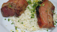 Barriga de porco assada com risoto de limão siciliano