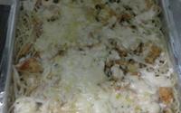 Macarrão com molho e frango desfiado