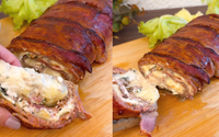 Esse rocambole de carne recheado com queijo e coberto com tiras de bacon faz o maior sucesso na minha casa aos finais de semana