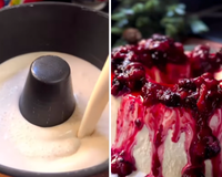 Você só precisa bater todos os ingredientes no liquidificador e levar ao congelador para fazer esse bolo de sorvete delicioso (com calda de frutas vermelhas fica divino!)