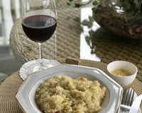 Risoto de alho poró com camarão