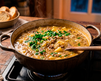 Esse caldo de batata com carne moída é barato, cremoso e salva qualquer jantar em noite fria