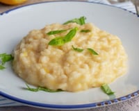 Risoto de queijo cremoso com ervas por cima no prato fundo