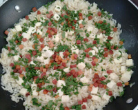 Risoto de alho-poró com calabresa e bacon