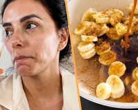 Eva Longoria, aos 51 anos: "Quando tenho bananas muito maduras, uso-as para fazer meu café gelado favorito, caramelizando-as com manteiga e açúcar."