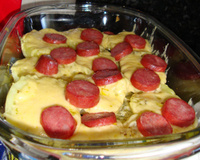 Batatas assadas ao queijo parmesão e linguiça portuguesa