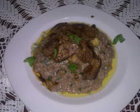 risoto de gorgonzola e alecrim com purê de banana e filé