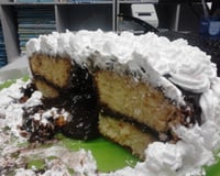 Bolo de baunilha com cobertura de chocolate e coco