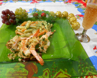 Penne ao pesto com camarão recheado