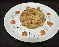 Risoto de camarão flambado com alho-poró e champignon