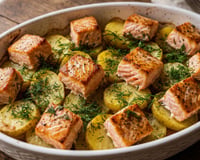 Cubos de salmão sobre uma cama de batatas macias com um molho defumado: receita para o jantar perfeito!