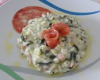 Risoto de gorgonzola com salaminho e espinafre