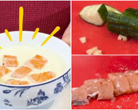 Que tal um jantar diferente e saudável? Essa sopa fria de couve-flor com pepino e salmão vai te surpreender!