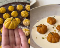 Achei o prato de Halloween que vou fazer esse ano: nhoque de abóbora com batata em formato de mini abóboras muito fofas ao molho branco com pistache torrado