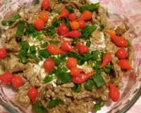 Tirinhas de carne com molho de queijo