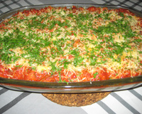 Pure de Jiló Camuflado com Polenta ao Molho de Linguiça Calabresa