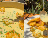 Camarão cremoso com patacones: até minha amiga que não gostava de camarão me pediu a receita