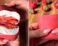 Panqueca rosa recheada com morango e chantilly: receita deliciosa é perfeita para um café da manhã especial!