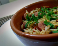 Arroz com linguicinha calabresa