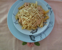 Penne ao molho de estrogonofe de frango com batata palha