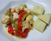 Cubos de frango ao saquê com batata doce