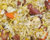 Arroz com calabresa e batata palha