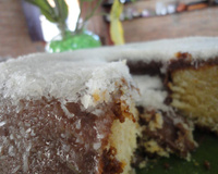 Bolo de baunilha com cobertura de chocolate e coco