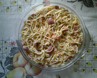 Macarrão com calabresa, bacon e repolho