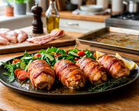 Sempre faço esse prato simples para o jantar: suculentos rolinhos de frango envoltos em bacon crocante (assados no forno!)