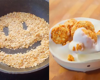 Vi essa receita genial na internet: bolinho de aveia torrada, banana e mel para comer com iogurte, fiz e deu certo!