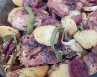 Frango assado na cerveja com bacon e calabresa