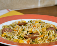 Arroz com calabresa e batata palha