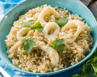 Risoto de lula em anéis em prato finalizado com coentro