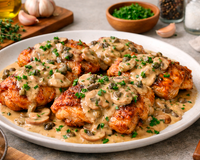 Frango crocante e suculento com molho cremoso de cogumelos que parece mais difícil do que é