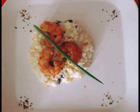 Risoto de espinafre com camarão bêbado