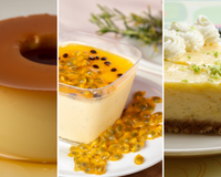 3 sobremesas que nunca falham no almoço de domingo: pudim de leite, mousse de maracujá e torta de limão