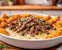 Melhor que petisco de restaurante superfaturado: tirinhas de carne com creme de queijo e batatas superfácil de fazer