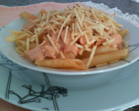 Penne ao molho de estrogonofe de frango com batata palha