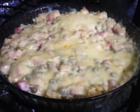 Macarrão de forno ao molho branco de queijo e presunto